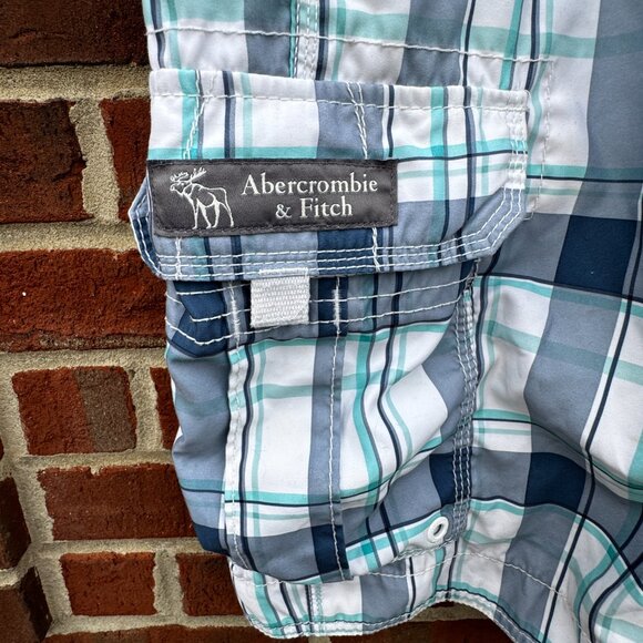 VTG Y2K Abercrombie & Fitch Cargo Swim Shorts Mens XL Blue Green Gray Plaid - Picture 3 of 12